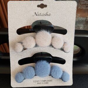 Natasha Set Of 2 Claw Clips - Beige & Blue Faux Fur Dots - BRAND NEW ON CARD